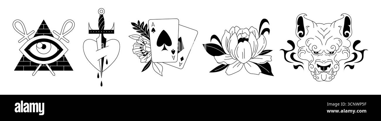 Traditionelle altmodische Tattoodesigns mit Pyramidenauge, Dolchherz, Ass-Karten und Lotusblüte in schwarzer Tinte. Verzierte Tiermaske in der Flash Art Kollektion für Vintage-Stil oder klassische Körperkunst. Stock Vektor