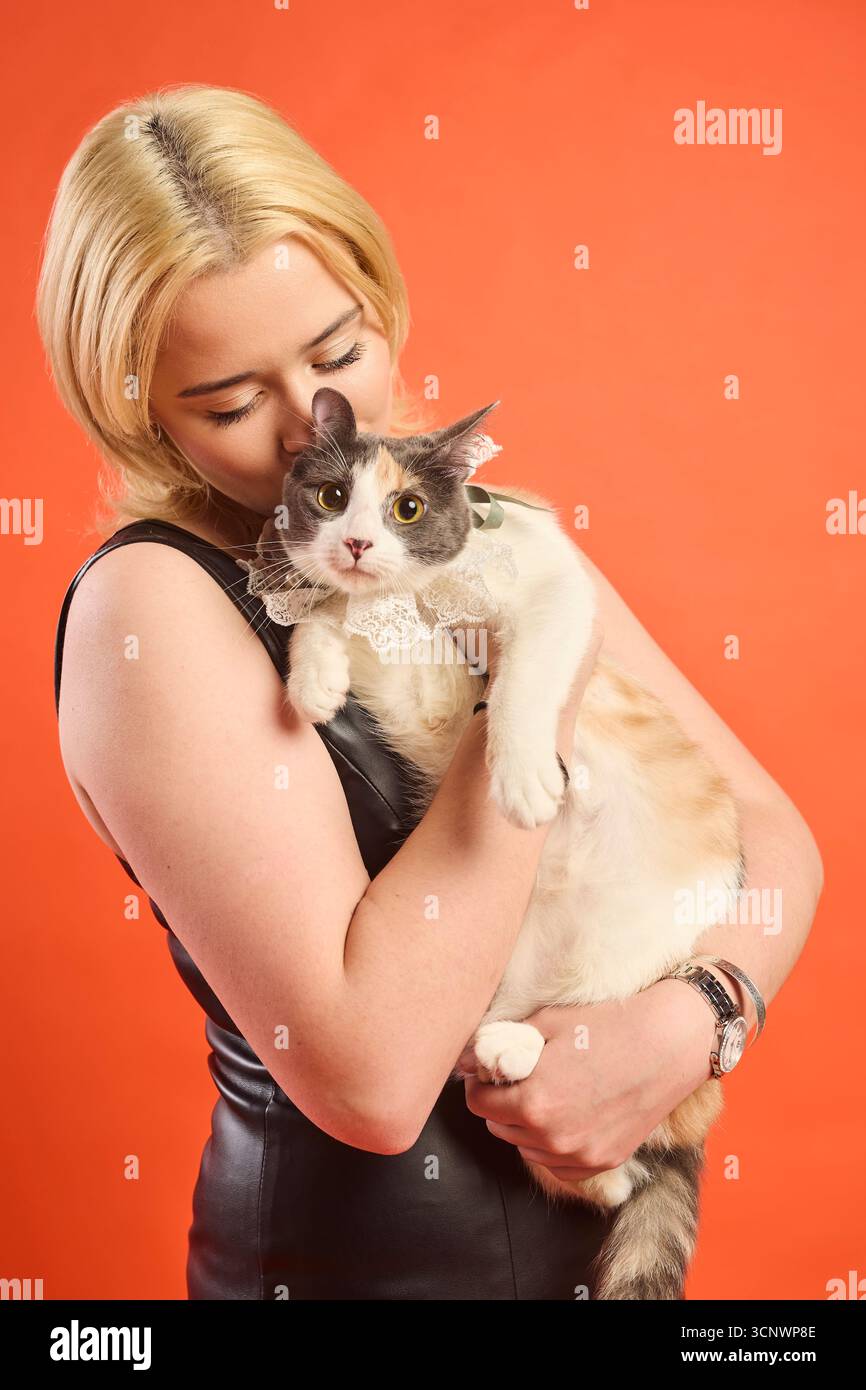 Eine blonde Frau umarmt sanft eine entzückende Katze in einem Studio mit leuchtendem orangefarbenem Hintergrund und fängt einen Moment liebevoller Gesellschaft und Krieg ein Stockfoto