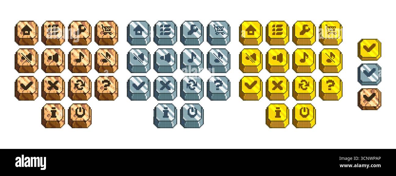 Pixel-Spieltastenset mit kubischem 3D-Design – Bedienelemente aus Holz, Metallic und Gold für Navigation, Menüsteuerung und Aktionen. Verschiedene Symbole und Symbole für Retro-Arcade-Elemente. Stock Vektor