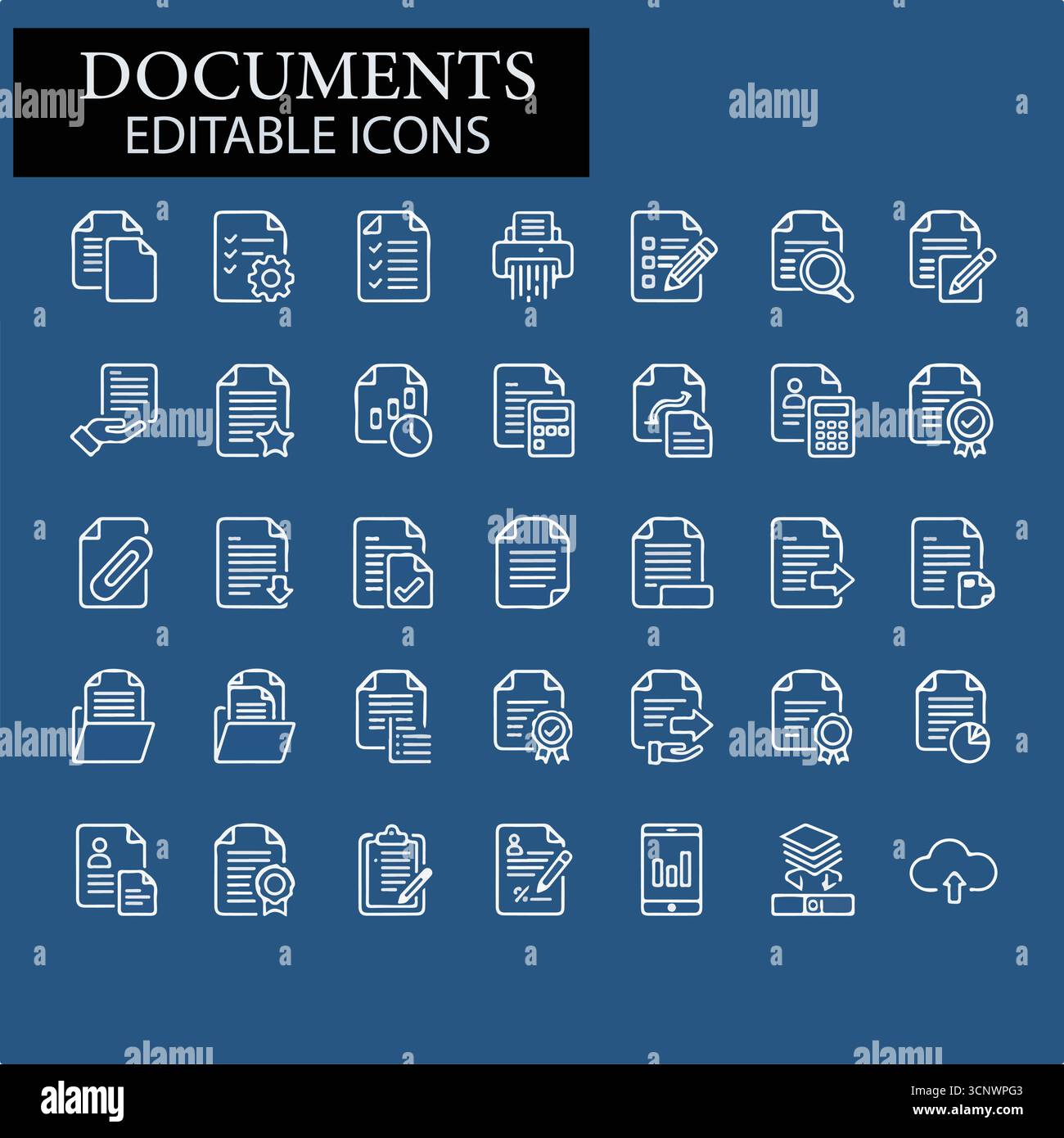 Titel: Dokumentgruppe mit Websymbolen im Linienstil. Lineare Symbolsammlung für Dokumente. Mit Vertragsunterlagen, Ordner, Zertifikat, Akzeptieren, genehmigt, c Stock Vektor