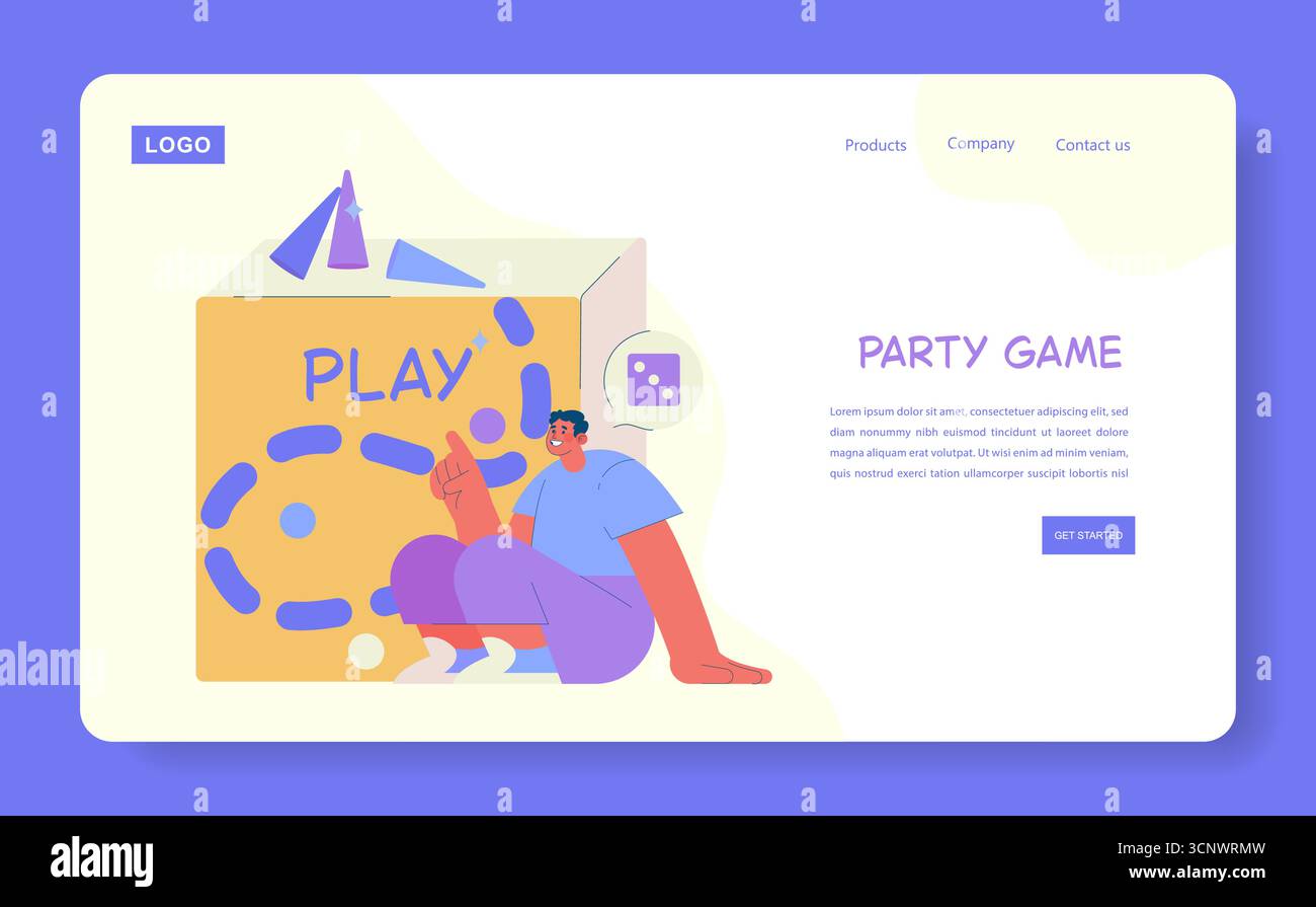 Vektor-Illustration, die einen lächelnden Charakter zeigt, der mit einer großen Spielbox interagiert. Das verspielte Design besteht aus Würfeln und Spielteilen und sorgt für eine lustige und einladende Szene. Stock Vektor