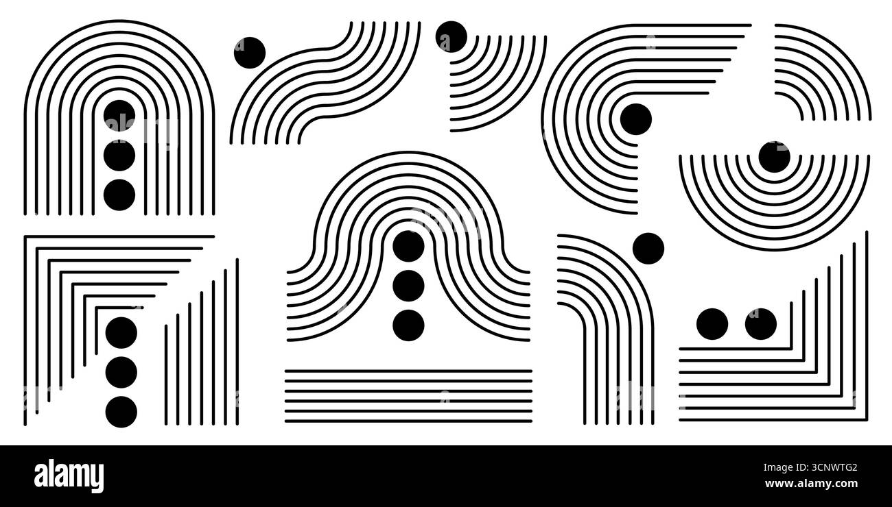 Linienbogen-Regenbogenkompositionen mit schwarzen Kreisen, welligen Streifen und geschwungenen geometrischen Formen für zeitgenössische abstrakte Kunst. Parallele Linien, Ecken und fließende Formen für minimalistische Posterdesigns. Stock Vektor