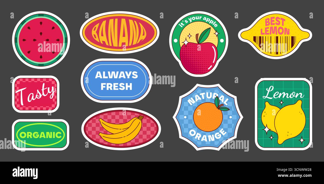 Retro-Obstaufkleber isoliert auf schwarzem Hintergrund. Flache Vektor-Illustration von kreativen Farbetiketten für frische Wassermelone, Orange, Apfel, Zitrone, Banane, Qualitätsabzeichen für Bio-Lebensmittel, Marktmarken Stock Vektor