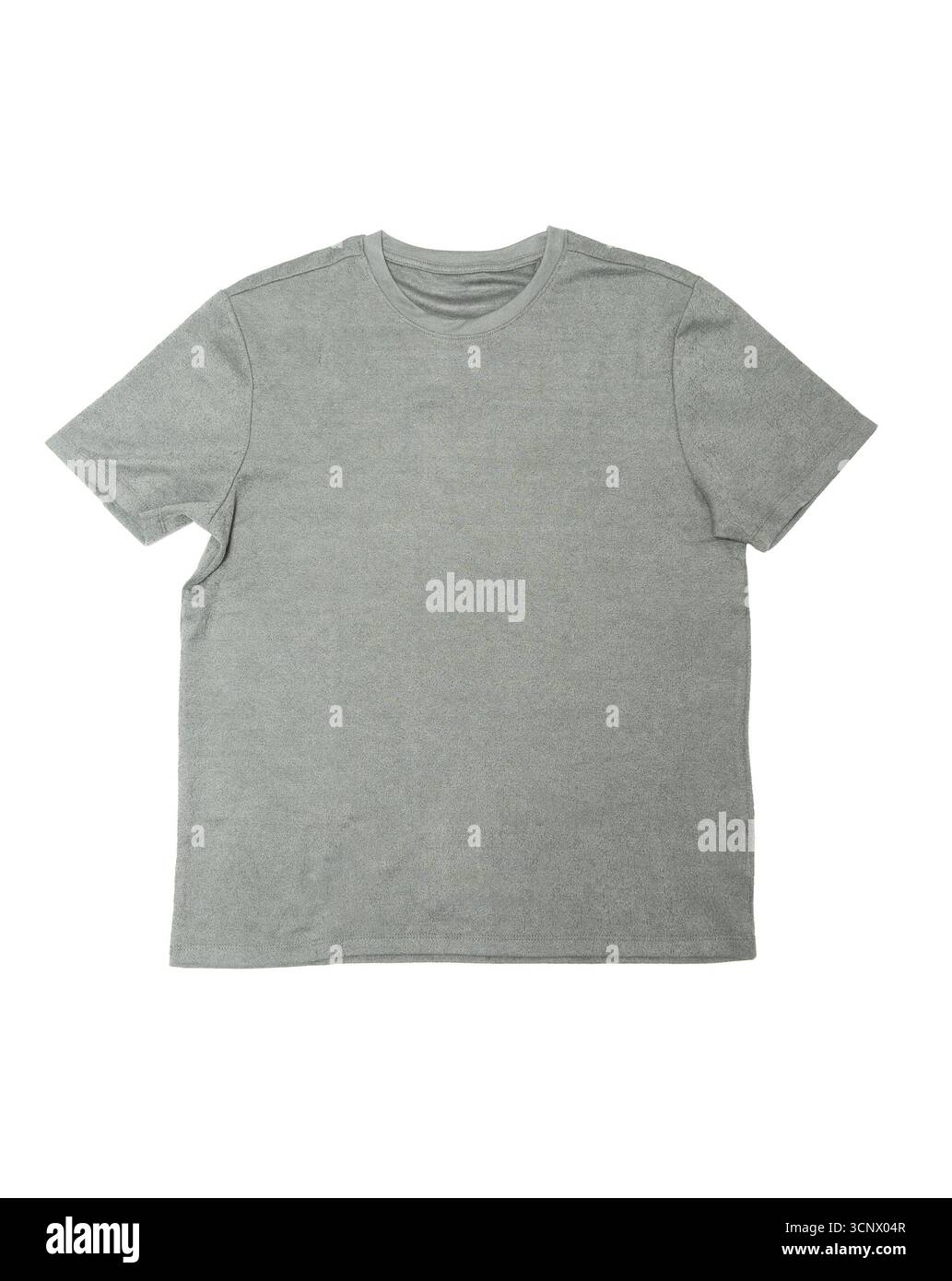 Graues T-Shirt aus weichem Baumwollgewebe, auf einem sauberen weißen Hintergrund, das seinen lässigen Stil und die Eignung für verschiedene Outfits unterstreicht Stockfoto