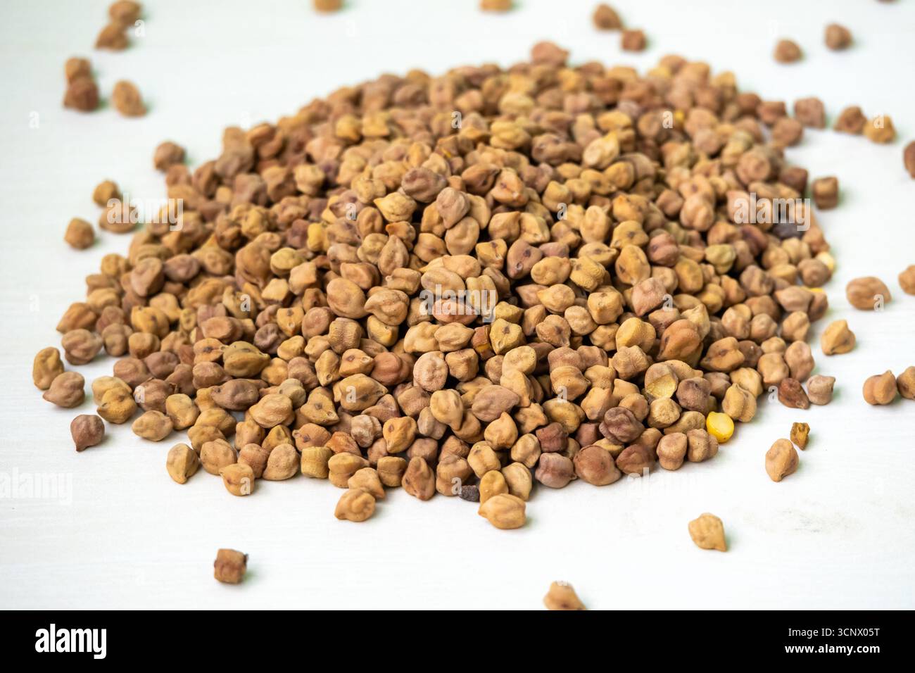 Rohe Kichererbsen oder Kichererbsen isoliert auf weißem Hintergrund. In Bangladesch heißt er Chola Boot und ist auch als Bengal Gram, chana, chan bekannt Stockfoto