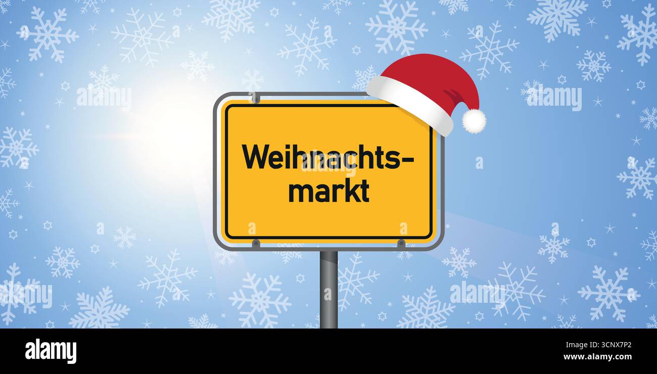 Platzieren Sie Schild mit deutschem Wort weihnachtsmarkt in der verschneiten Winterlandschaft Vektor-Illustration Stock Vektor