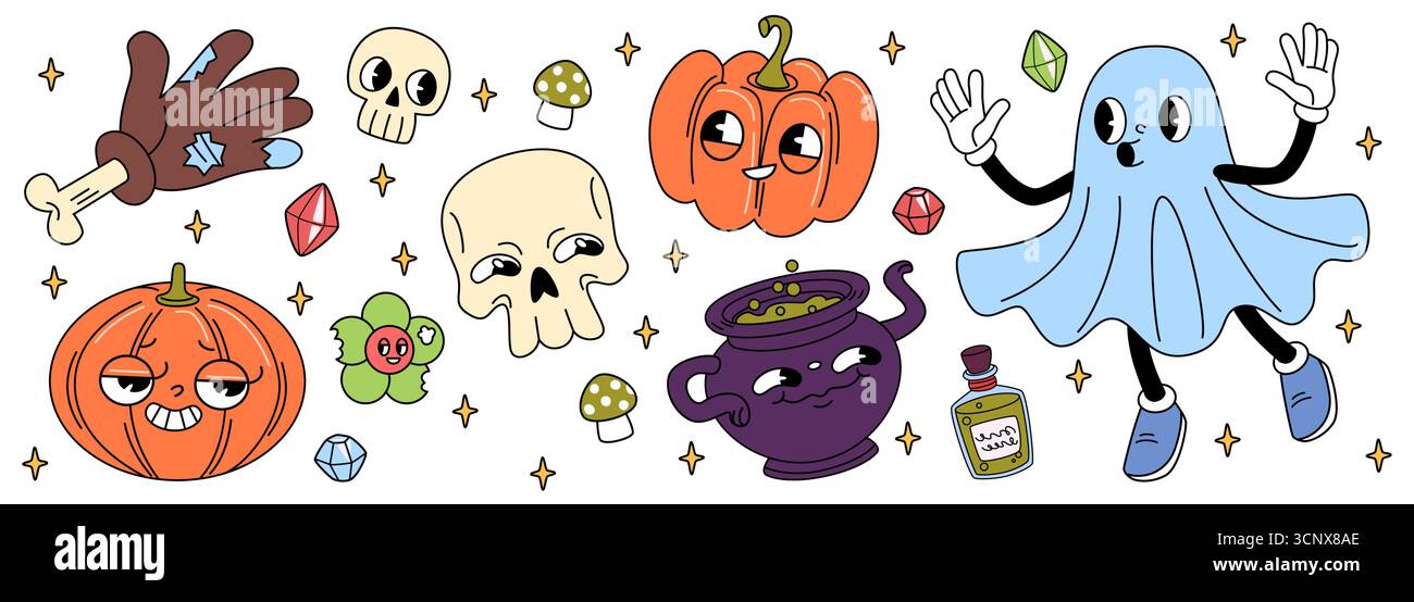 Niedliche, groovige Halloween-Charaktere mit Kürbissen, Geist und Schädel als Retro-Party-Dekoration. Freundliche gruselige Elemente mit Kessel, Tränkflasche, Pilzen und Kristallen. Zeichentrick-Symbole für die Feiertage im Oktober Stock Vektor