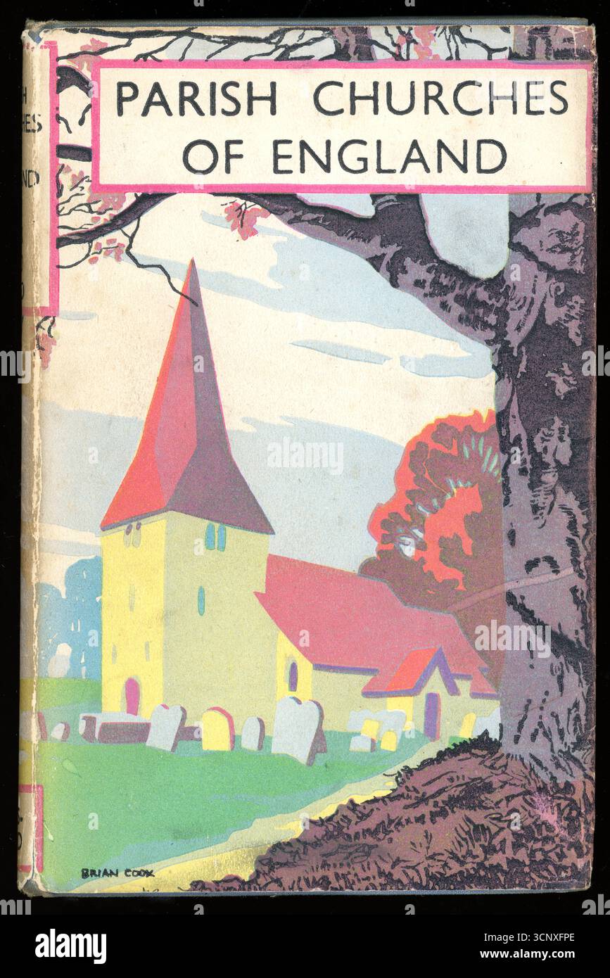 Original Mid-Century, Jahrgang 1940 gebundene Buch, Fronteinband-Staubhülle, 'Parish Churches of England' von J. Charles Cox, illustriert von Brian Cook. Die erste Ausgabe erschien 1935 und erschien im Winter 1943–1944. Stockfoto
