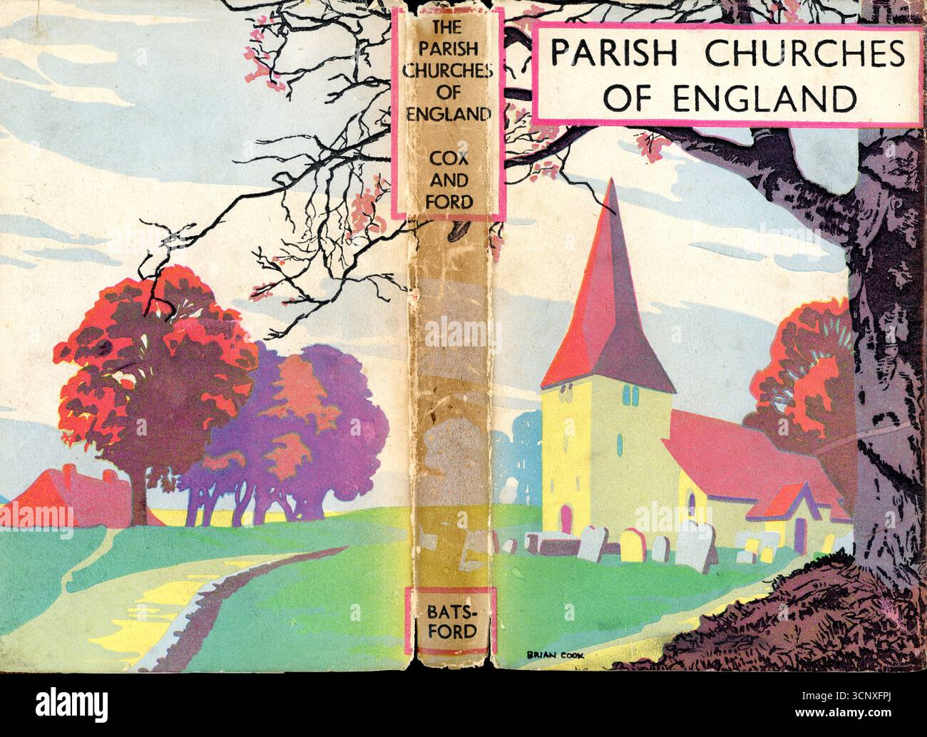 Original Mid-Century, Vintage 1940er Jahre gebundene Buch, Vorder- und Rückumschlag, 'Parish Churches of England' von J. Charles Cox, illustriert von Brian Cook. Die erste Ausgabe erschien 1935 und erschien im Winter 1943–1944. Stockfoto