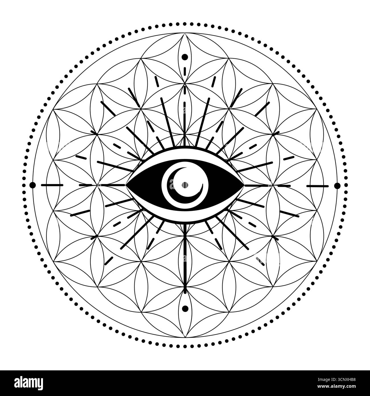 Mystisches Auge auf Blume des Lebens, Heilige Geometrie Symbol, esoterische Logo Design, Tätowierungszeichen, Vektorillustration isoliert auf weißem Hintergrund Stock Vektor