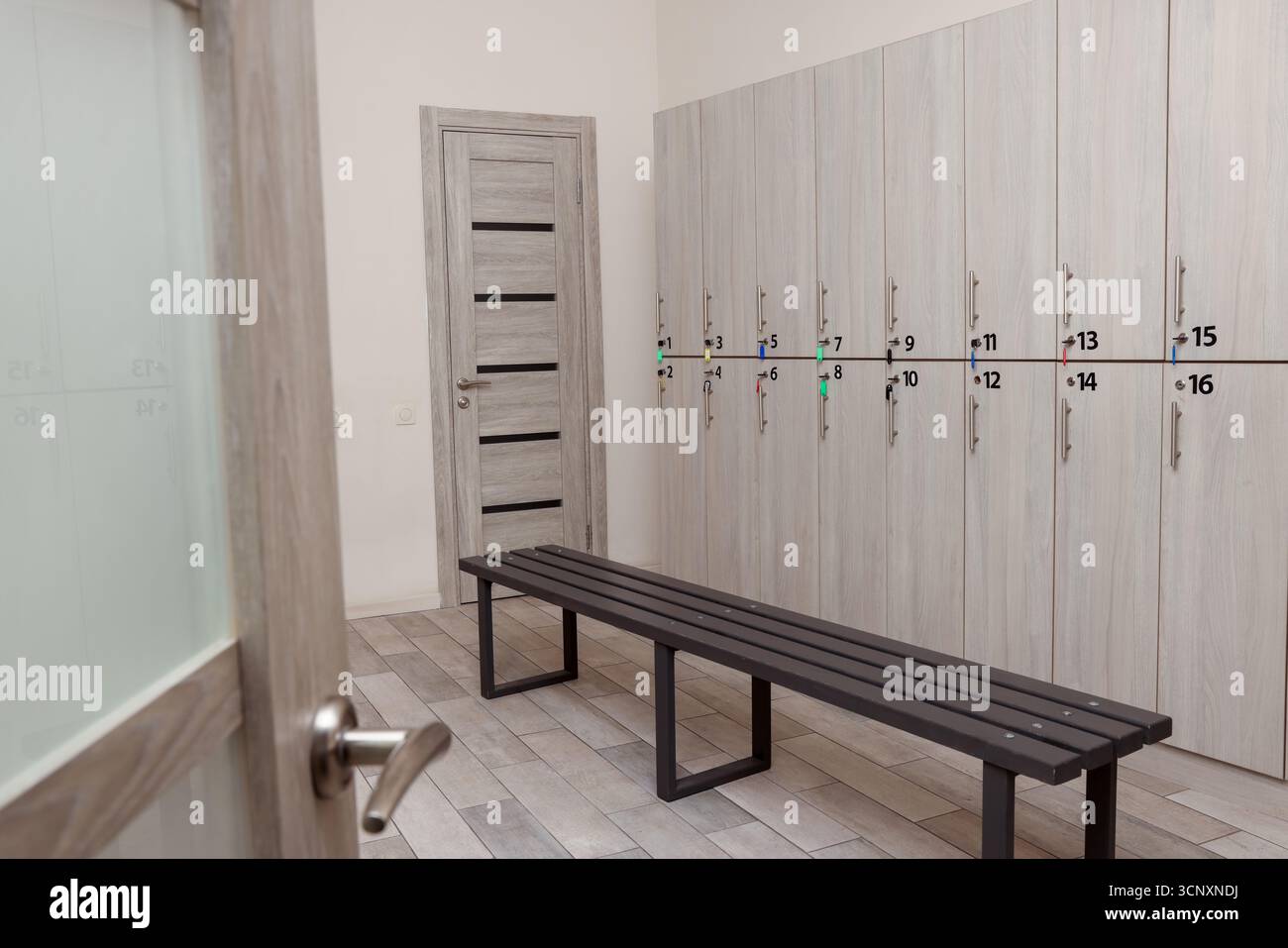 Holzbank und Schließfächer im Umkleideraum Stockfoto