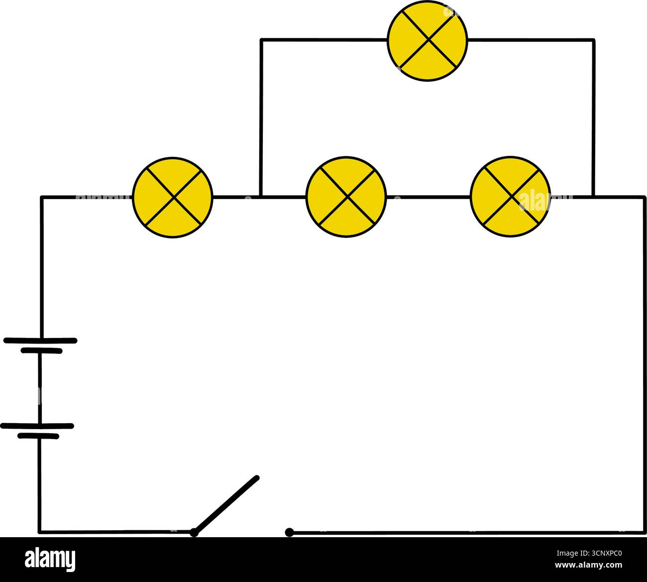 Schaltplan mit Glühlampen und Stromquelle. Einfache Darstellung der einfachen parallelen Reihenschaltung, isoliert auf weißem Hintergrund Stock Vektor