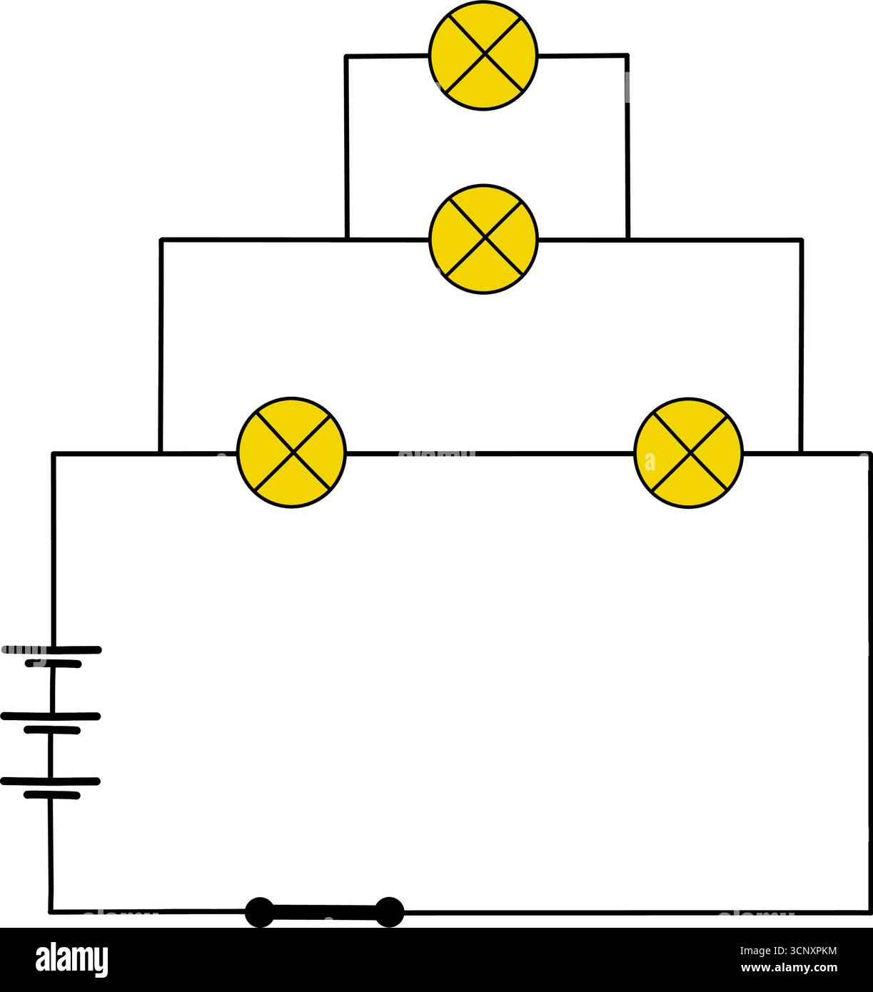 Schaltplan mit Glühlampen und Stromquelle. Einfache Darstellung der einfachen parallelen Reihenschaltung, isoliert auf weißem Hintergrund Stock Vektor