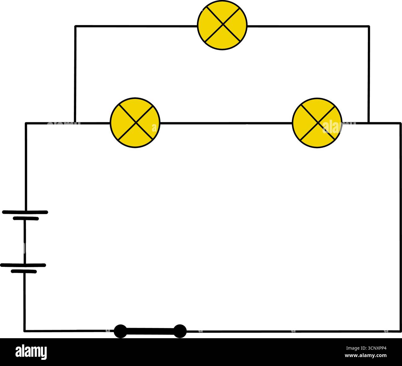 Schaltplan mit Glühlampen und Stromquelle. Einfache Darstellung der einfachen parallelen Reihenschaltung, isoliert auf weißem Hintergrund Stock Vektor