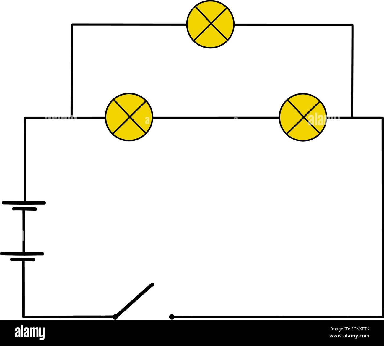 Schaltplan mit Glühlampen und Stromquelle. Einfache Darstellung der einfachen parallelen Reihenschaltung, isoliert auf weißem Hintergrund Stock Vektor