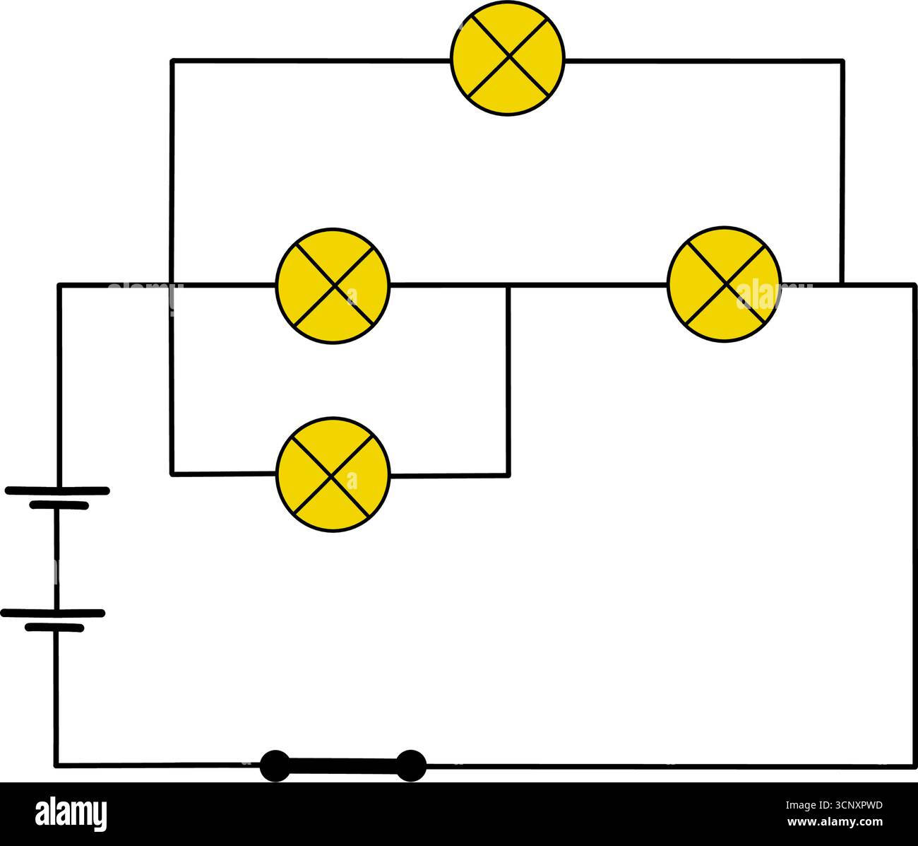 Schaltplan mit Glühlampen und Stromquelle. Einfache Darstellung der einfachen parallelen Reihenschaltung, isoliert auf weißem Hintergrund Stock Vektor