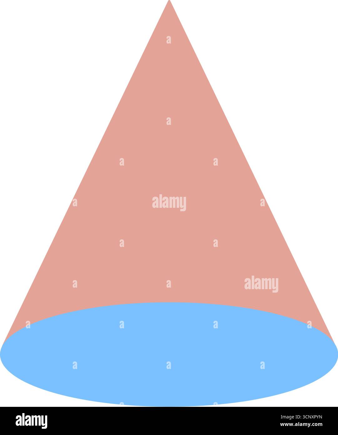 Geometrische Darstellung eines roten Kegels mit blauer Basis. 3D-Volumenkörperform des Kegels auf weißem Hintergrund Stock Vektor