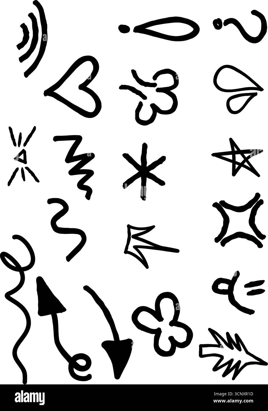 Handgezeichneter Satz von Kritzelpfeilen und verschiedenen abstrakten Symbolen auf einem isolierten weißen Hintergrund Stock Vektor