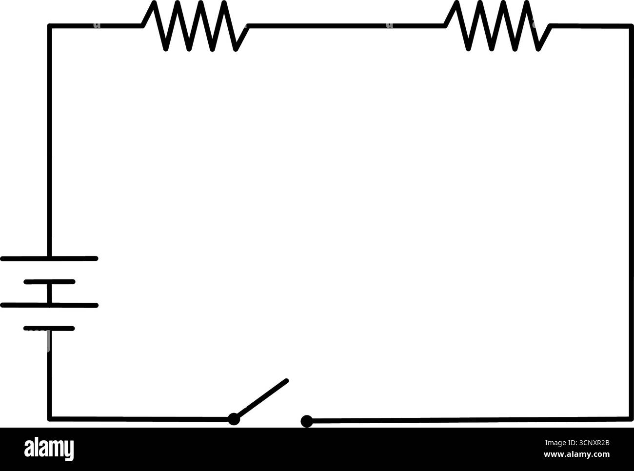 Schaltplan mit Widerständen in Reihen- und Parallelkonfiguration. Schematische Darstellung der elektronischen Schaltung mit mehreren Widerständen und Batterie Stock Vektor