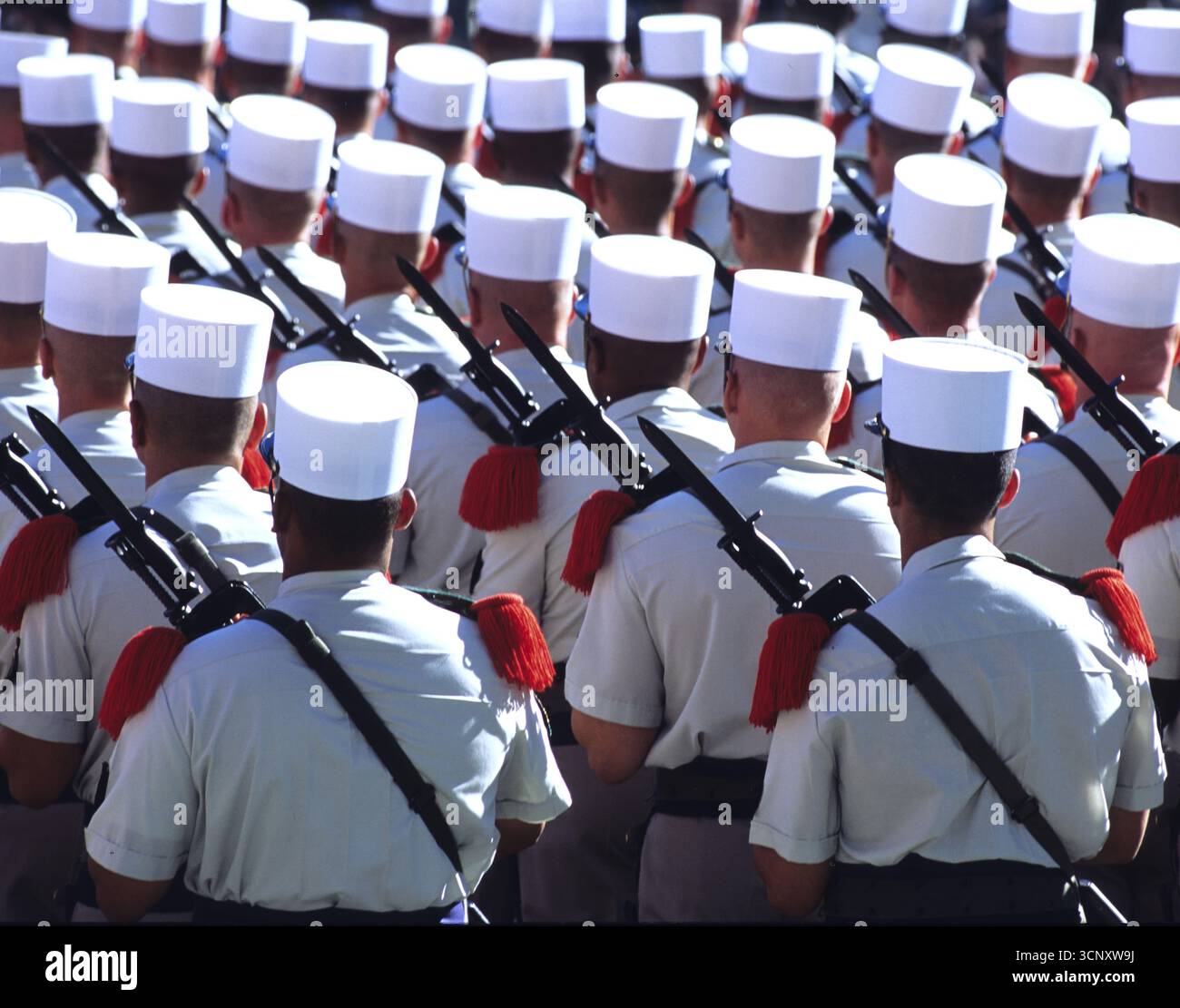 Rückansicht der Truppen der ausländischen Legion oder kepi Blanc bei der Bastille Day Parade in Paris Frankreich. Stockfoto