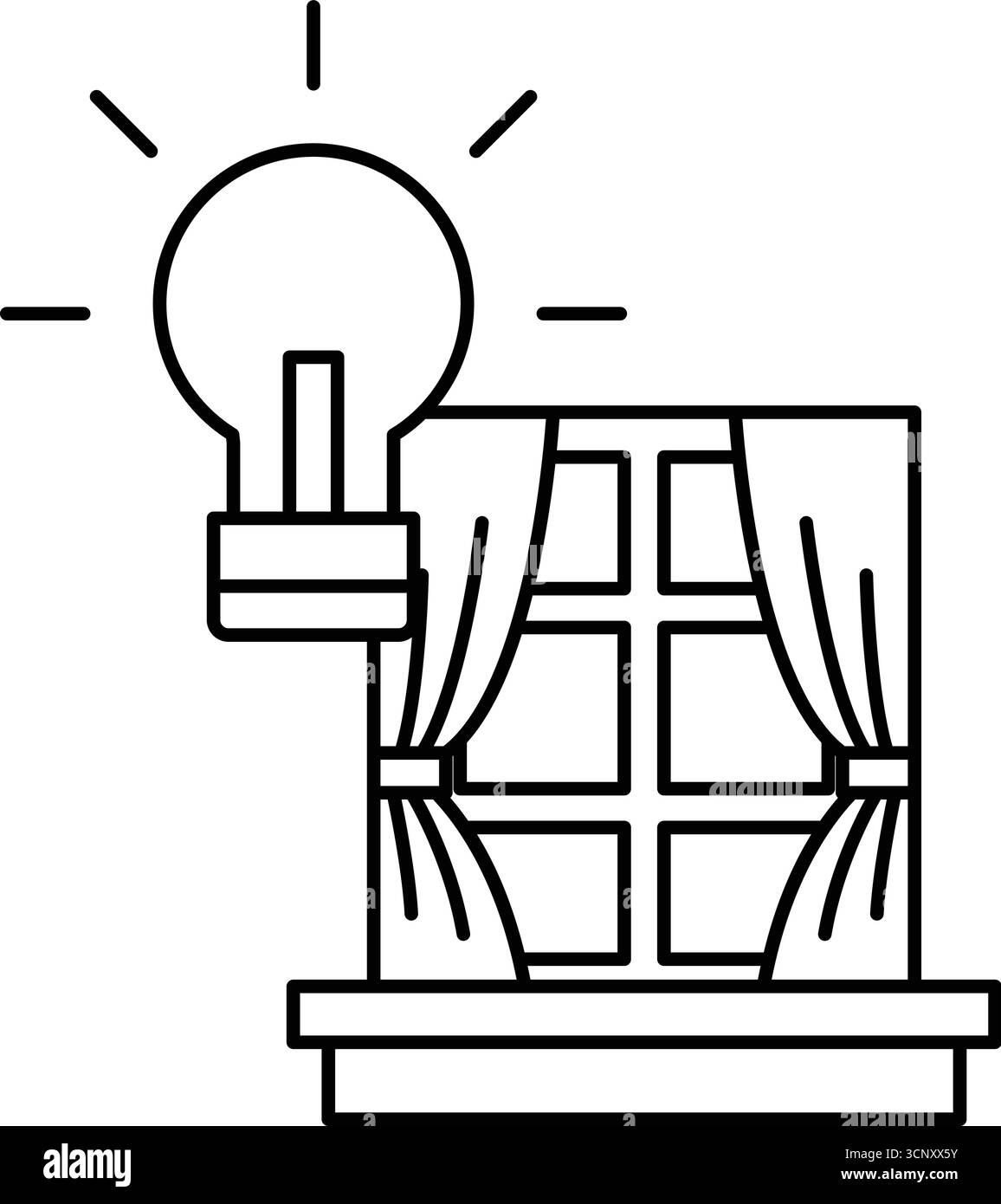 Eine Glühlampe leuchtet auf und befindet sich über einem Fenster mit Vorhängen. Die Glühlampe repräsentiert eine Idee oder einen Gedanken, und die Vorhänge stellen ein Fenster zum dar Stock Vektor Eine Glühlampe leuchtet auf und befindet sich über einem Fenster mit Vorhängen. Die Glühlampe repräsentiert eine Idee oder einen Gedanken, und die Vorhänge stellen ein Fenster zum dar Stock Vektor