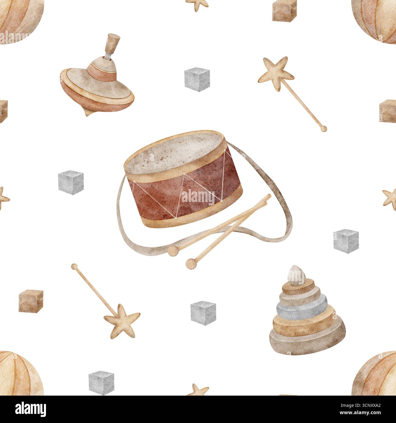 Muster Retro Holzspielzeug Trommel, Kugel drehende Top Pyramide. Handgezeichnete Aquarellillustration im kindlichen Vintage-Stil. Nahtloser Druck isoliert von Stockfoto