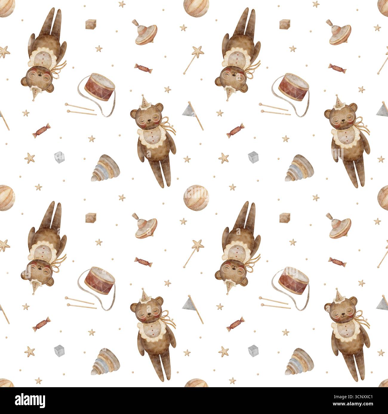 Muster Aquarell Vintage Bären, Teddybären, Spielzeug, Spinning Top, Pyramide, Trommel, Ball, Würfel, Sterne. Handgezeichnete Illustration im kindlichen Stil Stockfoto