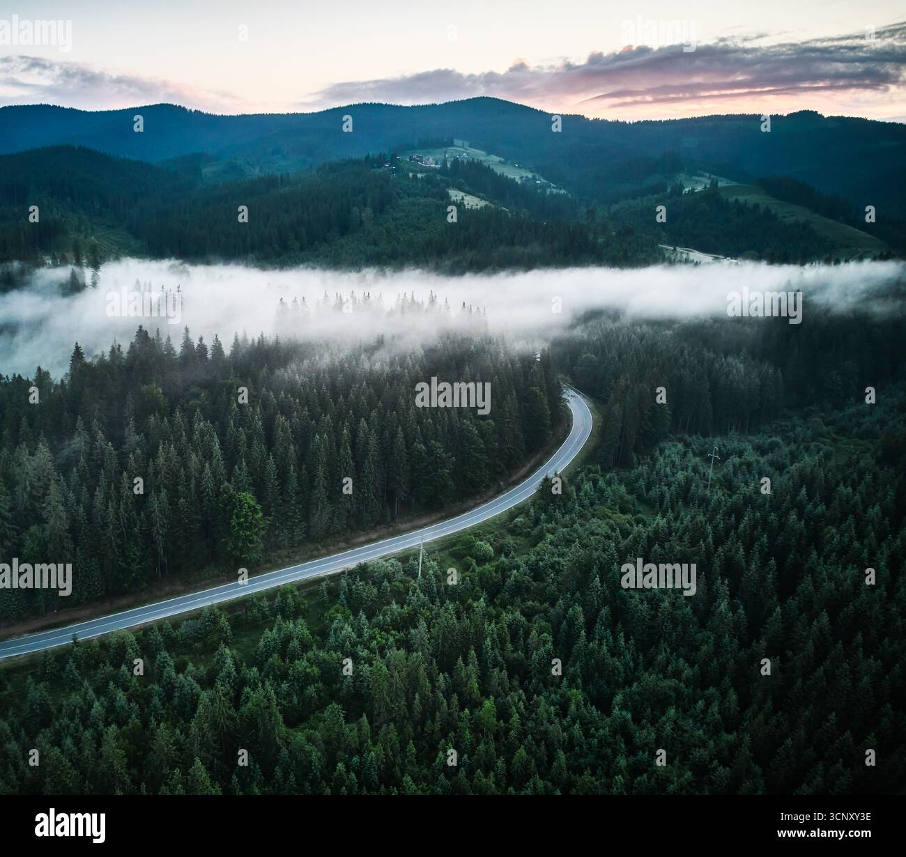 Aus der Vogelperspektive schlängelt sich die Straße durch dichten, nebelbedeckten Wald im frühen Morgenlicht. Üppig grüne Bäume mit Nebelschichten schaffen eine traumhafte Atmosphäre, während die Berge im Hintergrund aufsteigen. Stockfoto