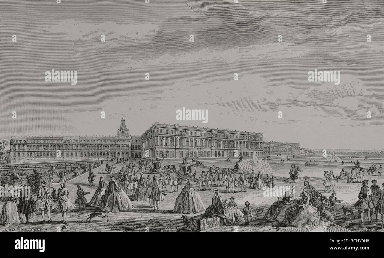 Frankreich. Blick auf das Schloss Versailles von der Terrasse gegenüber der Kapelle. Stich von Huyot nach Jacques Rigaud (1681-1754), um 1720. XVIIme siècle: lettres, Sciences et Arts, Frankreich 1590-1700 (17. Jahrhundert: Briefe, Wissenschaften und Künste), von Paul Lacroix. Veröffentlicht in Paris von Librairie de Firmin-Didot et Cie, 1882. Stockfoto