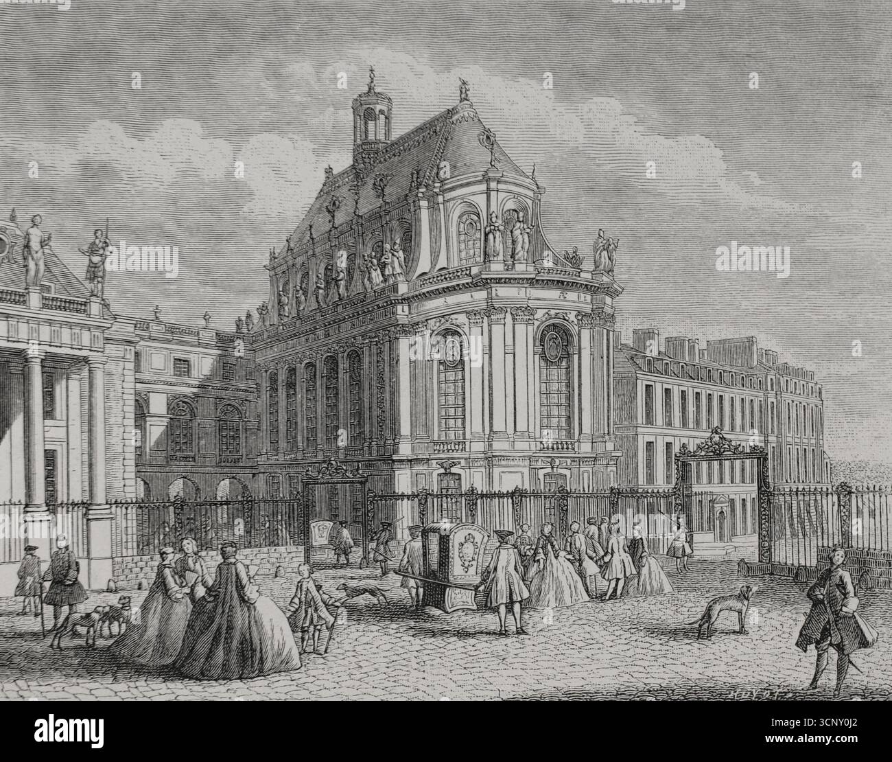 Frankreich. Blick auf die Königliche Kapelle des Schlosses von Versailles, vom Innenhof aus. Stich von Huyot nach Jacques Rigaud (1681-1754), um 1730. XVIIme siècle: lettres, Sciences et Arts, Frankreich 1590-1700 (17. Jahrhundert: Briefe, Wissenschaften und Künste), von Paul Lacroix. Veröffentlicht in Paris von Librairie de Firmin-Didot et Cie, 1882. Stockfoto