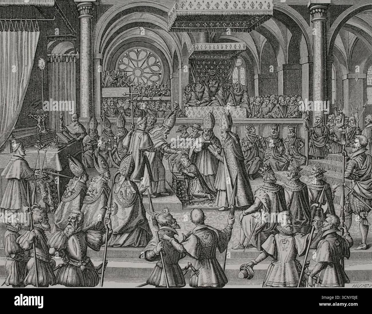 Louis XIII. „Der gerechte“ (1601-1643). König von Frankreich und Navarra (1610–1643). Krönungszeremonie Ludwigs XIII. Im Dom von Reims am 17. Oktober 1610. Kupferstich von Huyot nach einer Zeichnung von Francois Quesnel (ca. 1543-1619), Kupferstich von Thomas de Leu (ca. 1555-c.) Nr. 1612). XVIIme siècle: lettres, Sciences et Arts, Frankreich 1590-1700 (17. Jahrhundert: Briefe, Wissenschaften und Künste), von Paul Lacroix. Veröffentlicht in Paris von Librairie de Firmin-Didot et Cie, 1882. Stockfoto