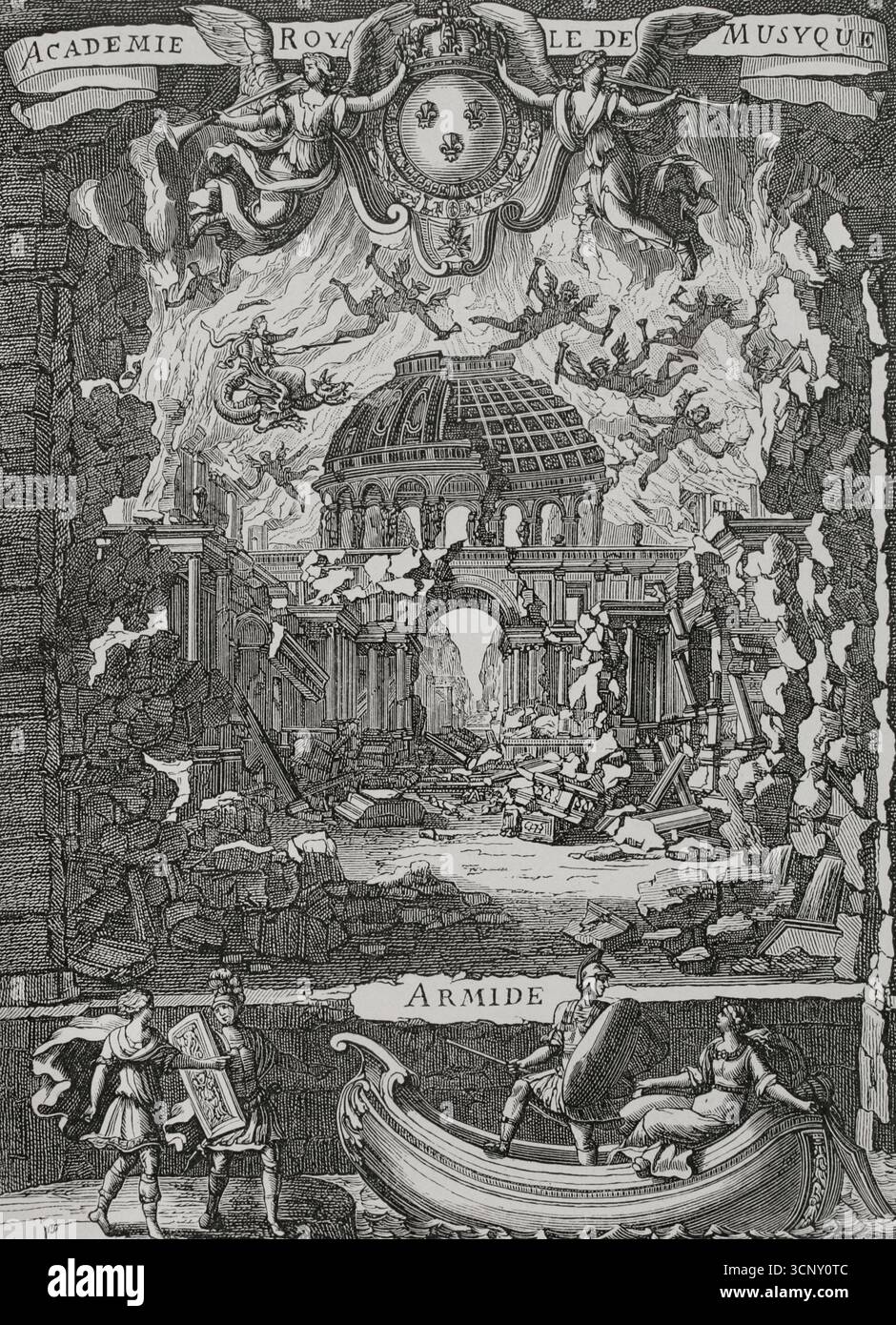 Armide, 1686. Musikalische Tragödie in einem Prolog und fünf Akten. Musik des französischen Komponisten Jean-Baptiste Lully (1632–1687). Das Libretto von Philippe Quinault (1635–1688) basiert auf dem epischen Gedicht Gerusalemme liberata von Torquato Tasso (1544–1595). Die Uraufführung fand am 15. Februar 1686 in der Académie royale de musique (Théâtre du Palais-Royal) in Paris statt. Illustration für das Frontstück des Spiels. Zeichnung von Jean Bérain (1640-1711), Stich von Jean Dolivar (1641-1692). Veröffentlicht in Paris, chez Christophe Ballard, 1686. XVIIme siècle: lettres, Sciences et Arts, Frankreich 1590-1700 (17 Stockfoto