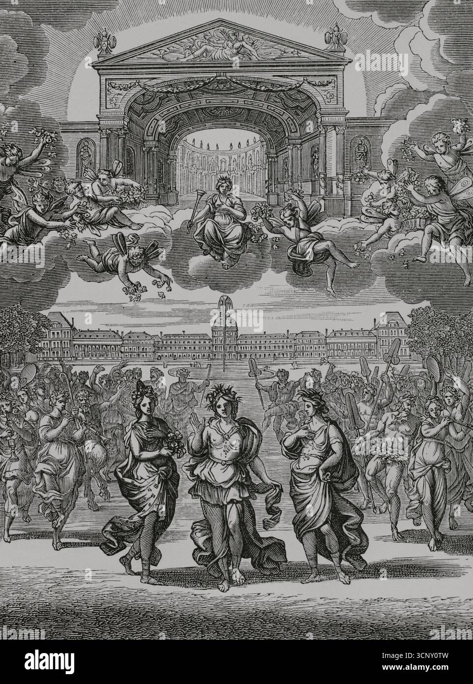 Alcestis oder der Triumph der Alzide (Alceste, ou Le Triomphe d’Alcide). Musikalische Tragödie in einem Prolog und fünf Akten. Musik des französischen Komponisten Jean-Baptiste Lully (1632–1687) nach einem Libretto von Philippe Quinault (1635–1688). Die Oper wurde am 19. Januar 1674 in Paris uraufgeführt. Illustration für das Frontstück des Spiels. Stich nach der Zeichnung von Francois Chauveau (1613-1676), 1674. Gravur. XVIIme siècle: lettres, Sciences et Arts, Frankreich 1590-1700 (17. Jahrhundert: Briefe, Wissenschaften und Künste), von Paul Lacroix. Veröffentlicht in Paris von Librairie de Firmin-Didot et Cie, 1882. Stockfoto
