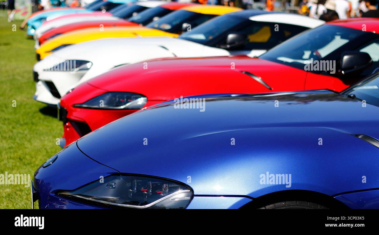 Auf dem Rasen stehen japanische Sportwagen. Stockfoto