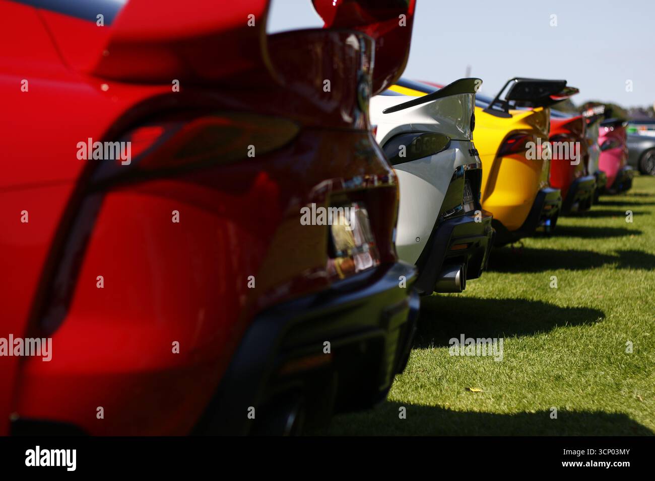 Auf dem Rasen stehen japanische Sportwagen. Stockfoto