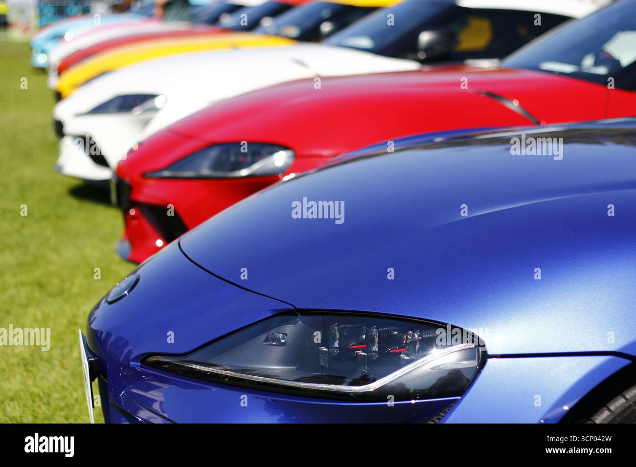 Auf dem Rasen stehen japanische Sportwagen. Stockfoto