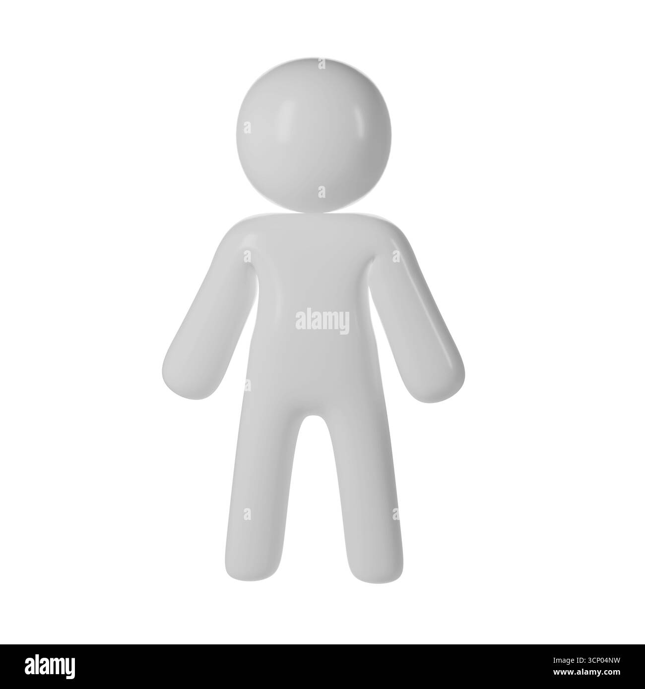 Abstraktes 3D-Symbol in weiß, vor einem transparenten Hintergrund, das eine einfache, generische Figur ohne Gesicht darstellt Stockfoto