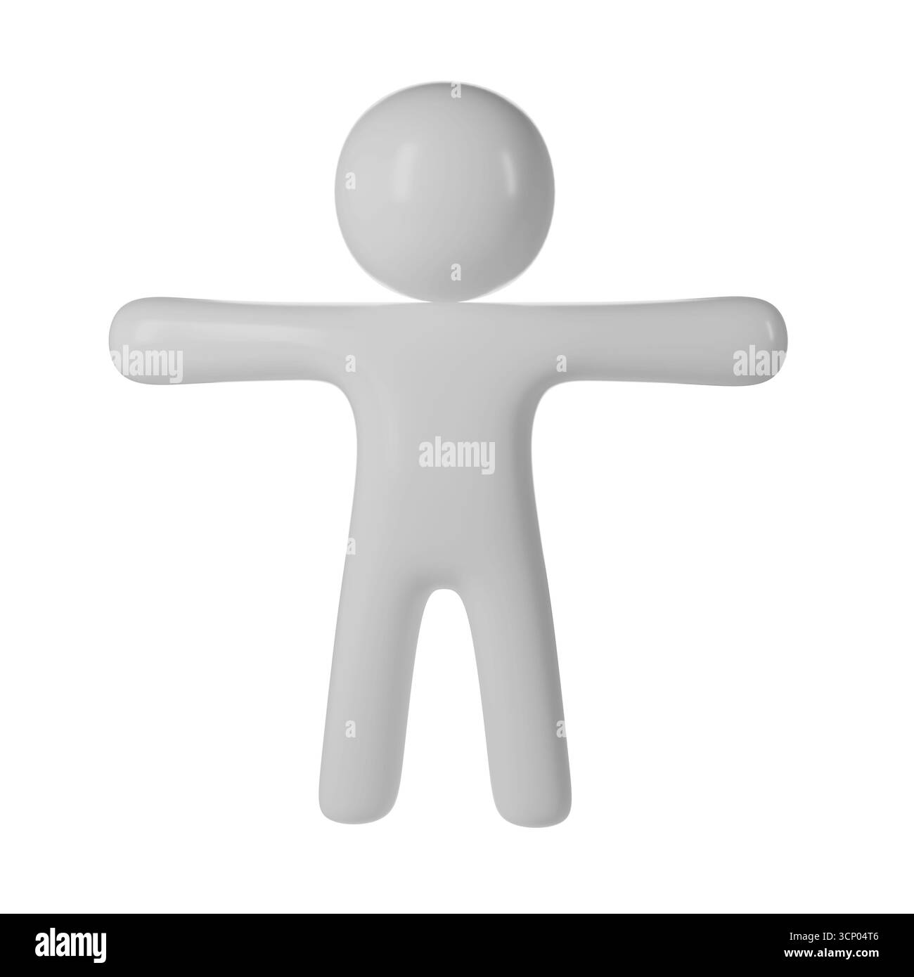 Weißes 3D-Symbol der gesichtslose Figur wird mit ausgestreckten Armen vor einem transparenten Hintergrund positioniert, was entweder eine Person oder ein System symbolisiert Stockfoto