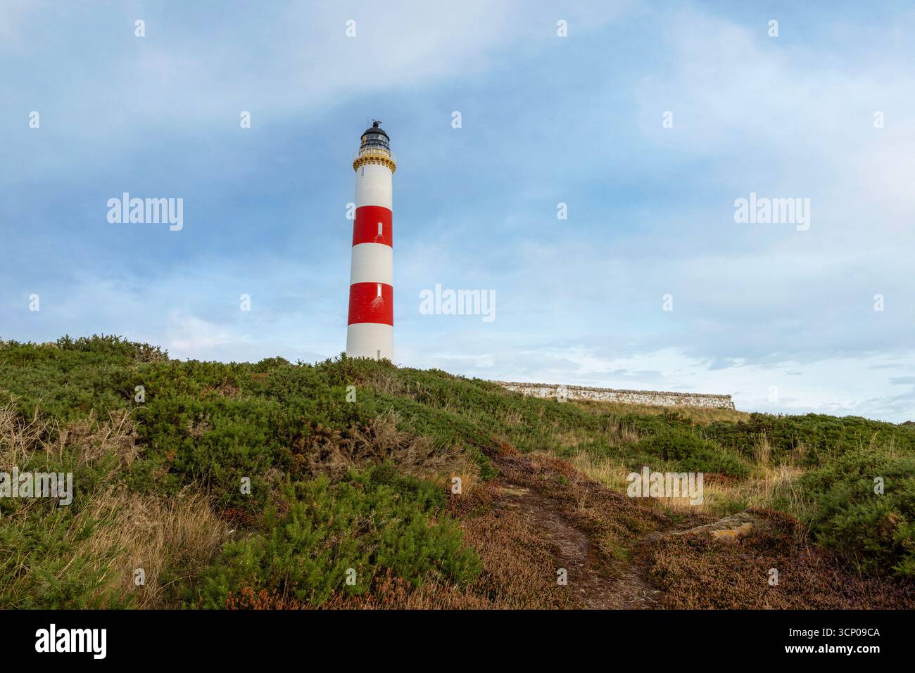 Tarbat Ness Lighthouse, ein markantes rot-weißes Leuchtfeuer auf der Osterross-Halbinsel, führt seit 1830 Schiffe im Moray Firth. Stockfoto