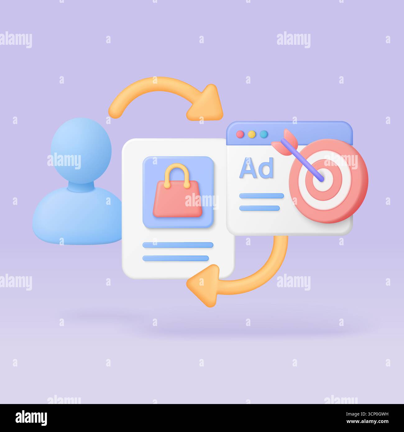 Retargeting-Prozess für digitales Marketing mit Nutzerprofil, Einkaufsanzeige und Zielsymbol auf violettem Hintergrund für isolierte Vektorillustration für die Strategie der Online-Werbung Stock Vektor