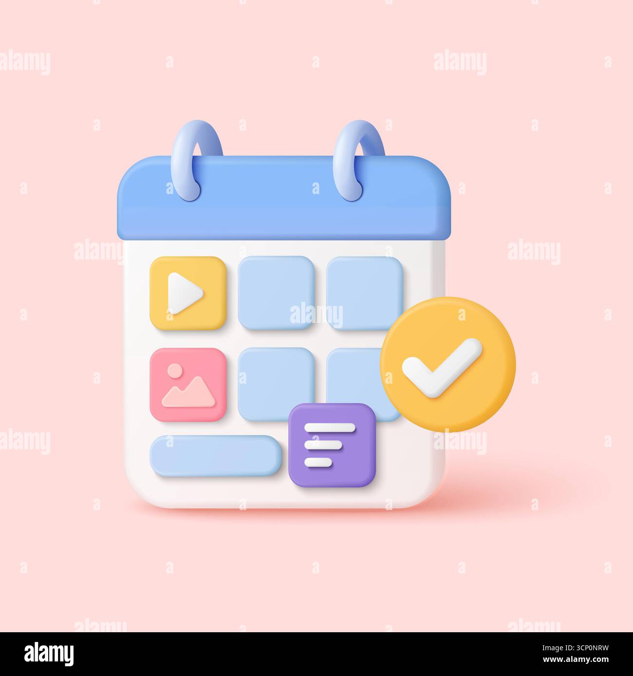 Farbenfroher 3D-Kalender mit Mediensymbolen und Häkchen für Content-Planung, Social Media-Planung, Marketingstrategie und digitale Organisation auf pinkfarbenem Hintergrund Vektorillustration Stock Vektor