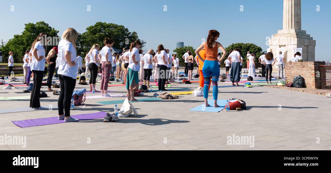 Yoga. Eine Gruppe von Menschen spielt Yoga-Posen im Park. Yoga-Festival in Kalemegdan, Belgrad Stockfoto