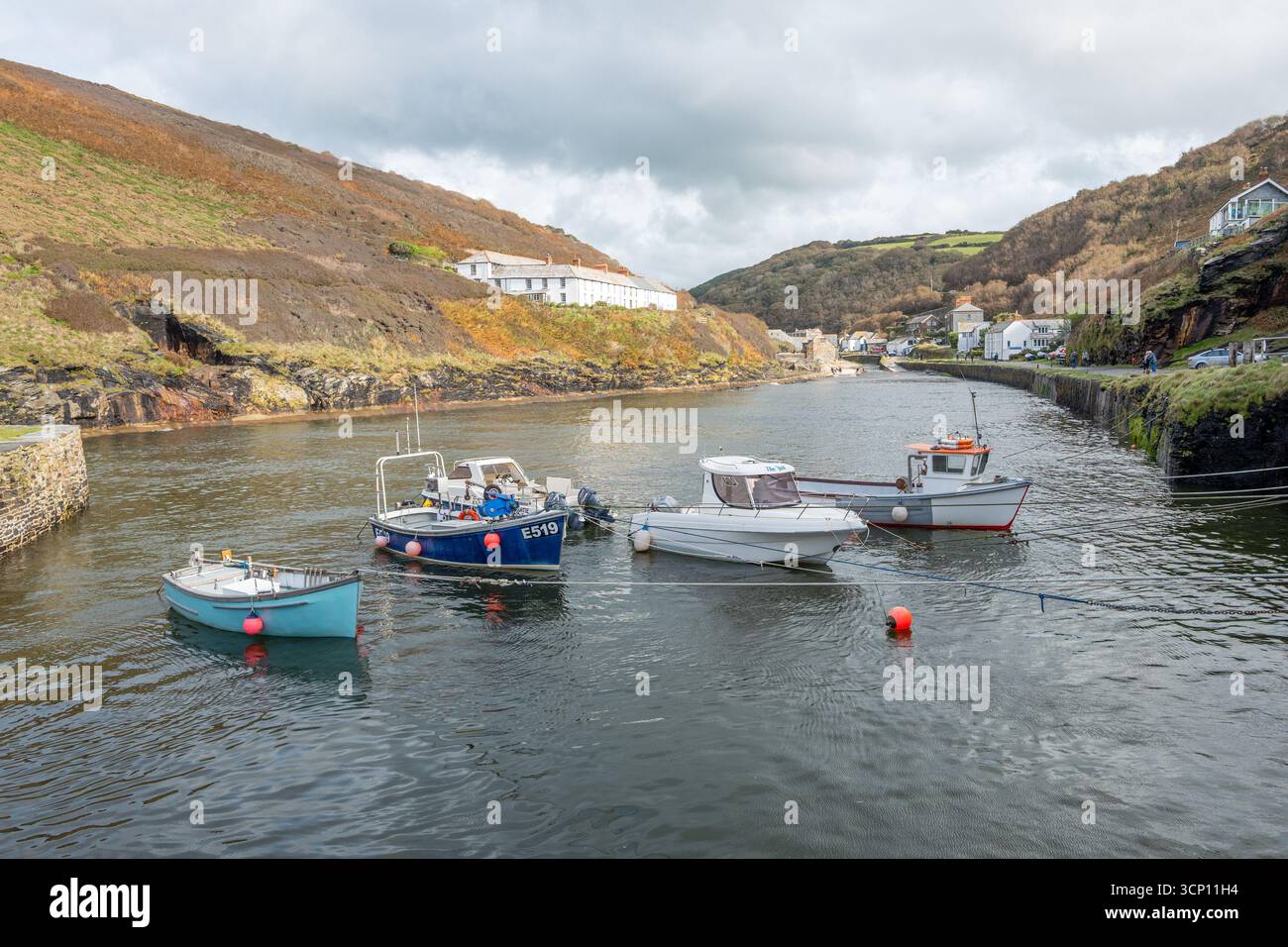 Der natürliche Hafen im kleinen kornischen Fischerdorf Boscastle mit kleinen Fischerbooten und Schiffen, die an der künstlichen Meeresmauer verankert sind. Stockfoto