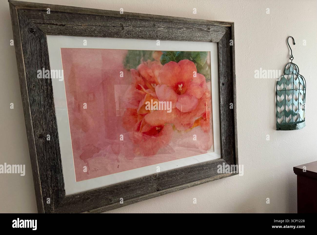 Gerahmtes Foto von Trompetenblumen unter Glas mit künstlerischen Verzierungen, die an einer Wand hängen, von Fotograf. USA Stockfoto