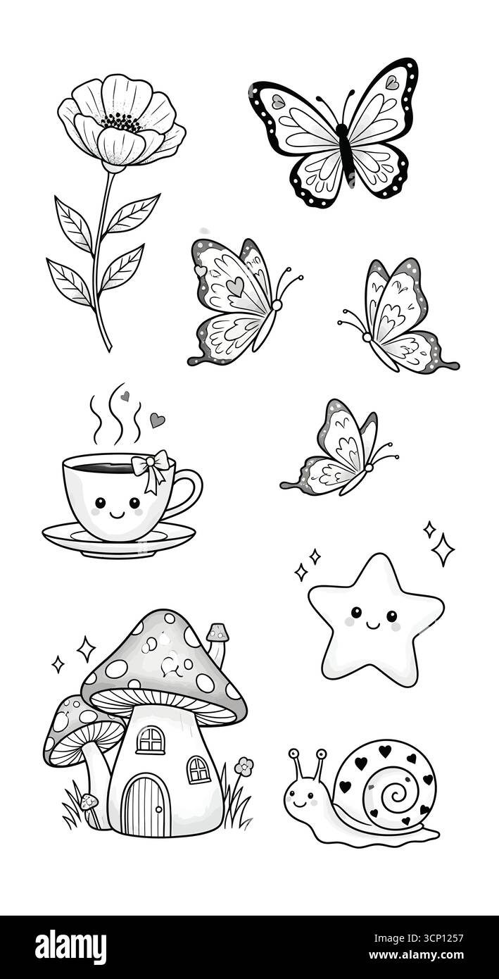 Niedliche Doodle-Kollektion mit einer Blume, Schmetterlingen, Kaffeetasse, Pilzhaus, Stern, Schnecke und funkelt Stock Vektor