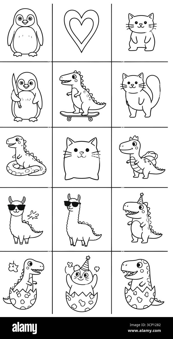 Niedliche Zeichentrickkollektion mit Pinguinen, Dinosauriern, Katzen und Lamas mit Partyhüten und Sonnenbrillen Stock Vektor