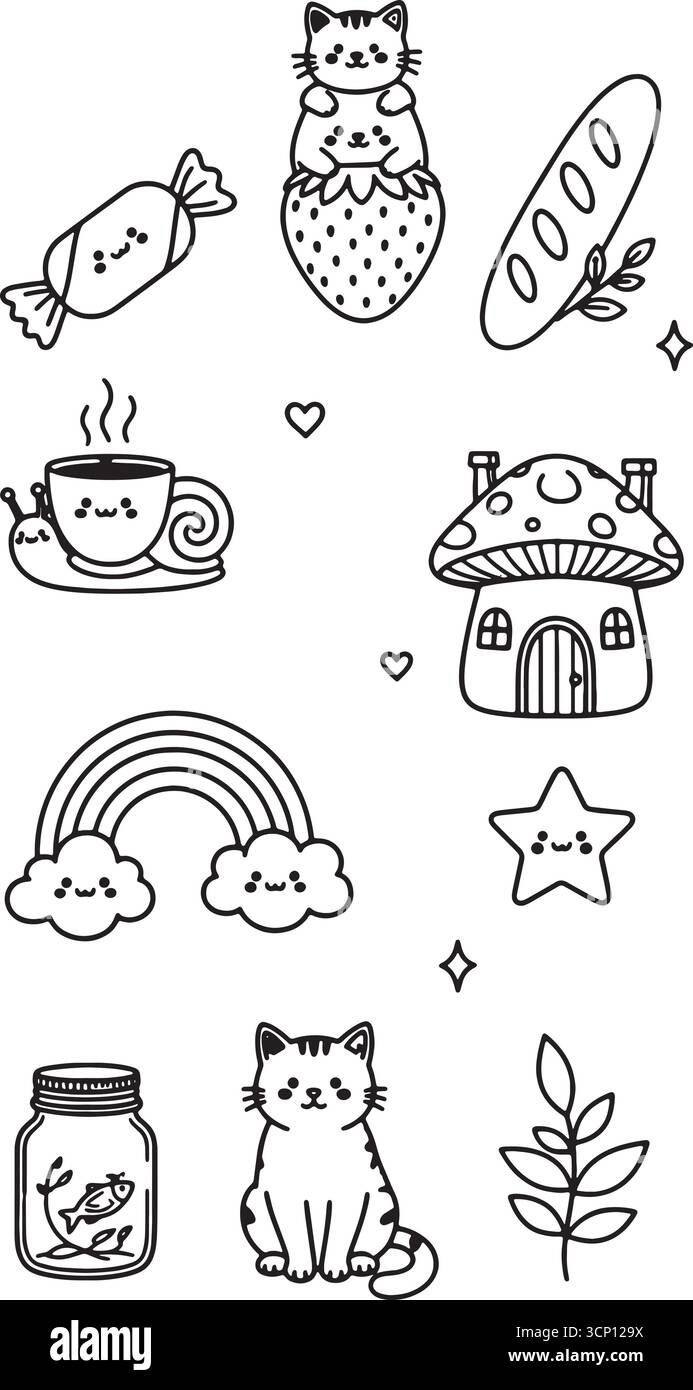 Niedliche Kawaii-Doodle-Elemente einschließlich Katze, Erdbeere, Kaffeetasse, Pilzhaus, Regenbogen, Stern, Süßigkeiten, Brot und Pflanze Stock Vektor