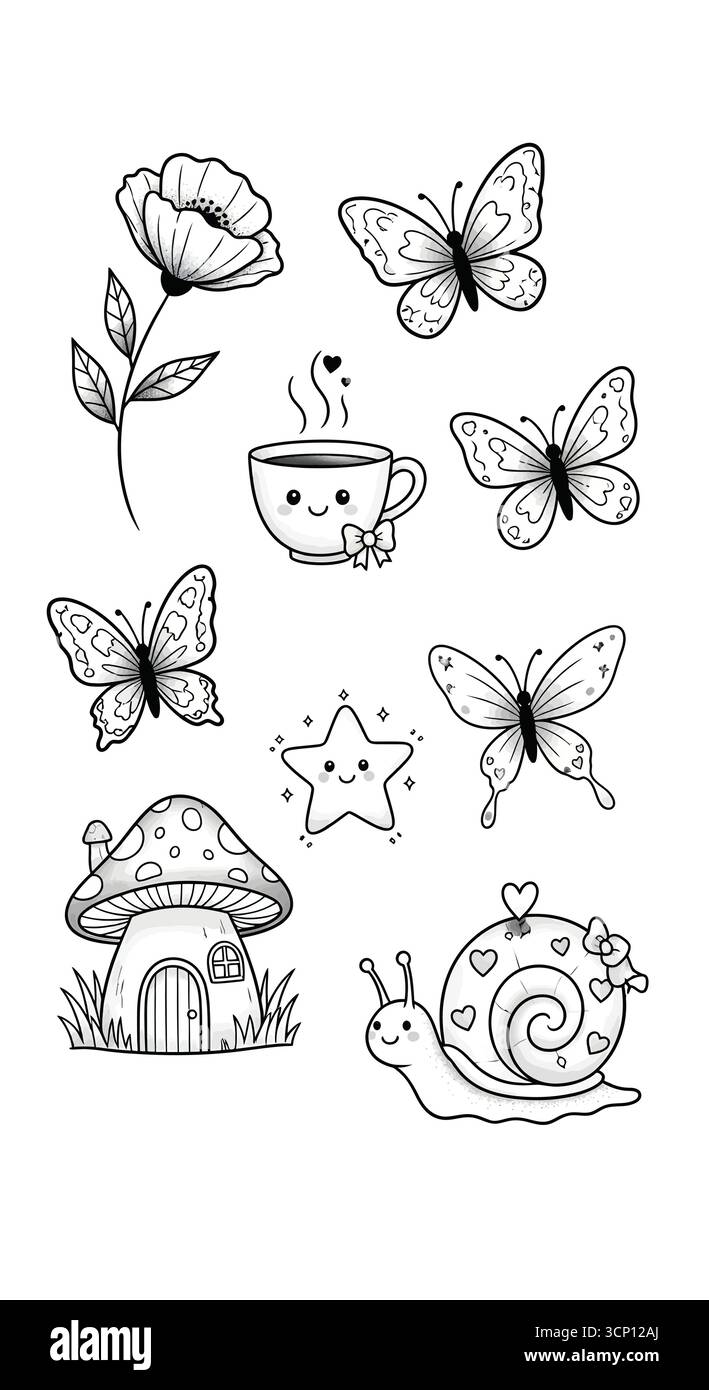 Niedliche Doodle-Kollektion mit einer Blume, Schmetterlingen, Kaffeetasse, Pilzhaus, Stern, Schnecke und funkelt Stock Vektor