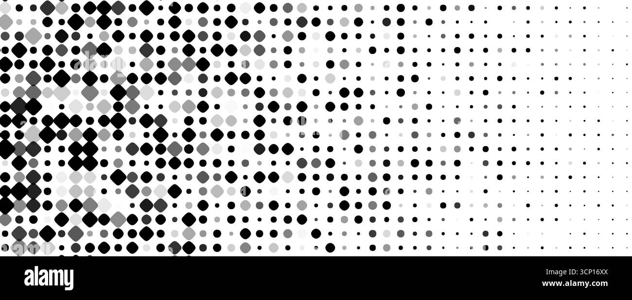 Hintergrund Mit Farbverläufen Im Halbton, Monochrome Kreise Und Abgerundete Quadrate, Die Nach Rechts Verblenden, Kopierraum, Modernes Technisches Muster Für Banner, Poster, Web Und Stock Vektor