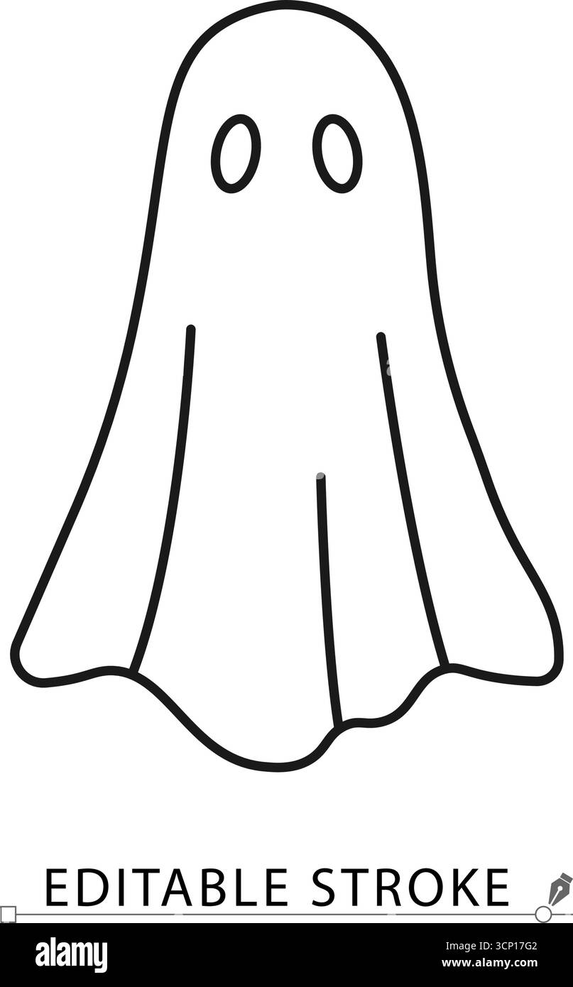 Eine halloween-Geisterfigur im minimalistischen Linienstil mit bearbeitbarem Strich. Gruseliger Kostümgeist, gruseliges paranormales Phantom, Gruselparty-Dekoration Stock Vektor